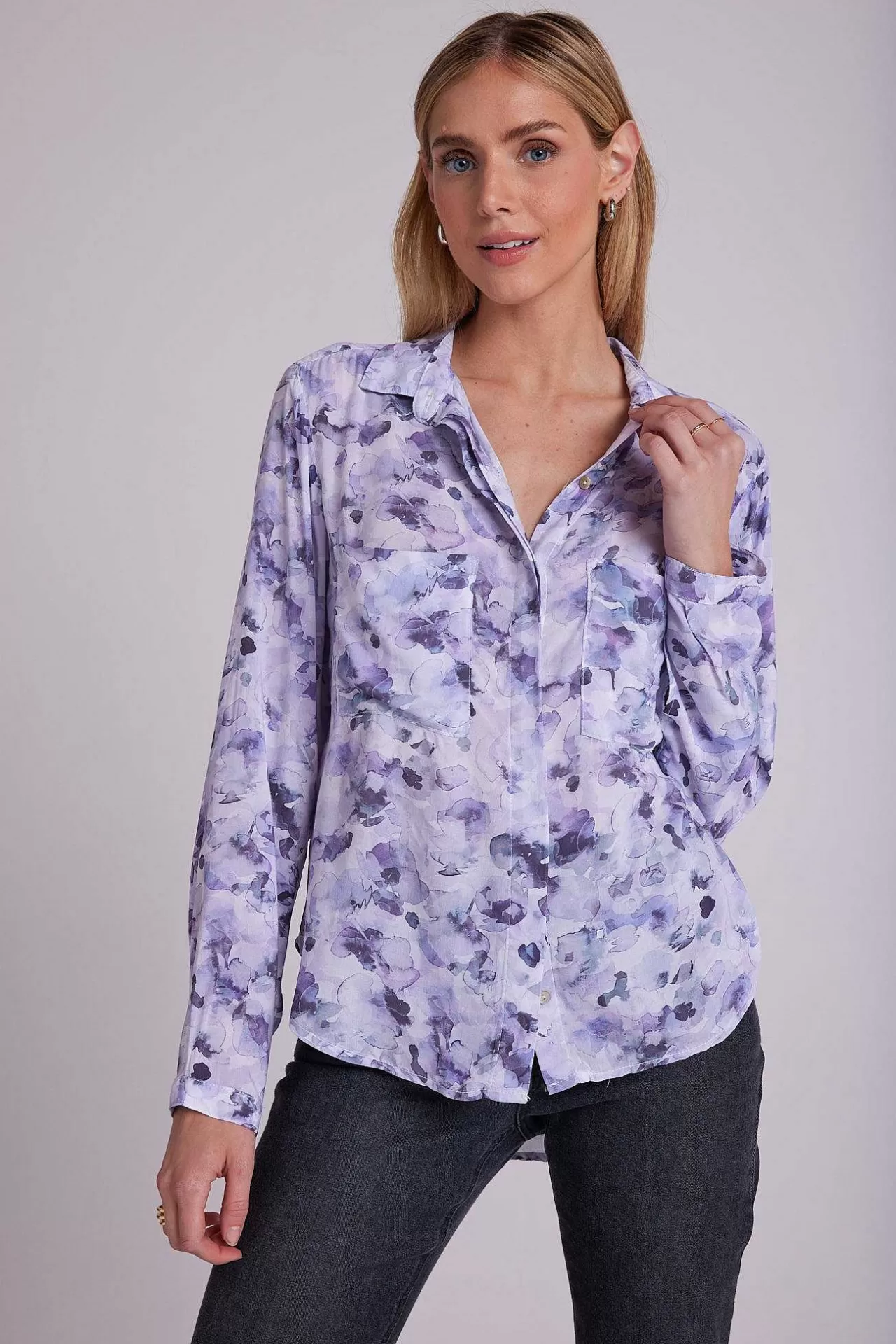 Full Button Down Hipster-Shirt - Lila Bloemenprint>Bella Dahl Cheap