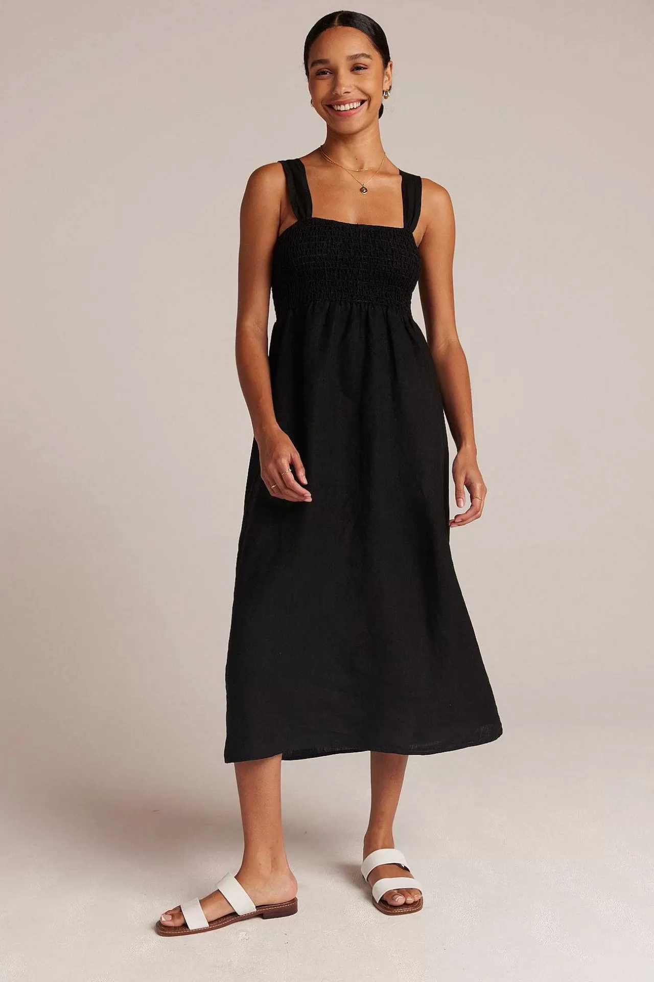 Gesmokte Linnen Midi-Jurk - Zwart>Bella Dahl Fashion