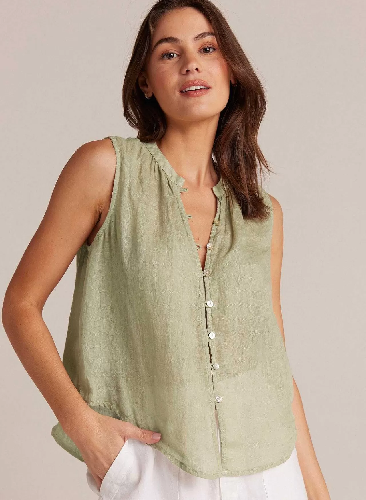 Mouwloze Gesmokte Schouderblouse - Pale Palm>Bella Dahl Best